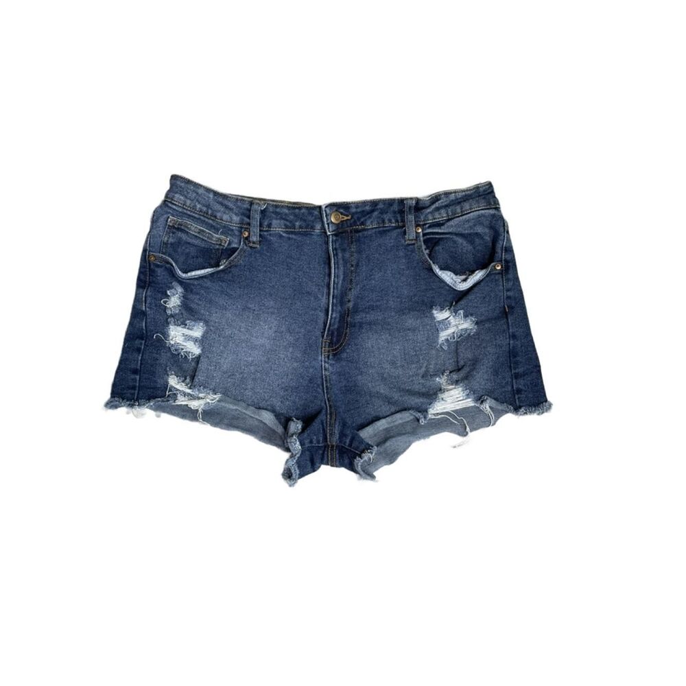 No Boundaries Denim Distressed High-Rise Women’s Shorts - Blue (Size: 17)